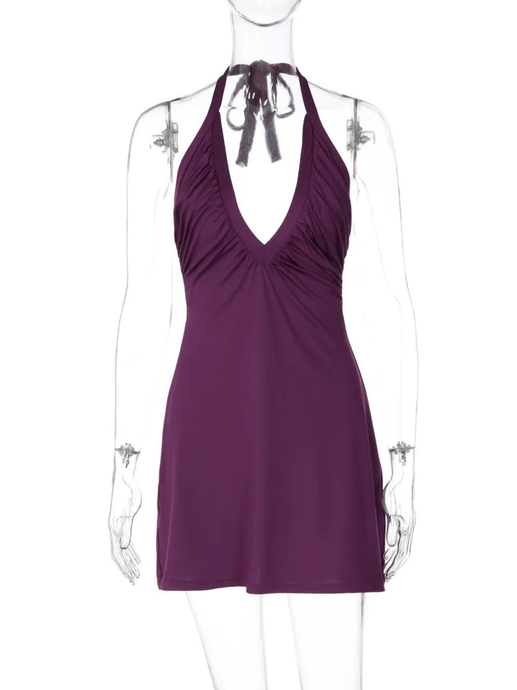 Halter V Neck Backless Sexy Mini Dress Women Elegant Off-shoulder Sleeveless Ruched Slinky Club Party Dress Clubwear