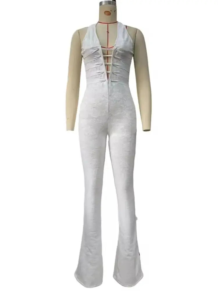 Hollow Bandage Jumpsuits Women Halter Sexy Jacquard Backless Sleeveless Skinny Street Workout Club Hipster Overalls