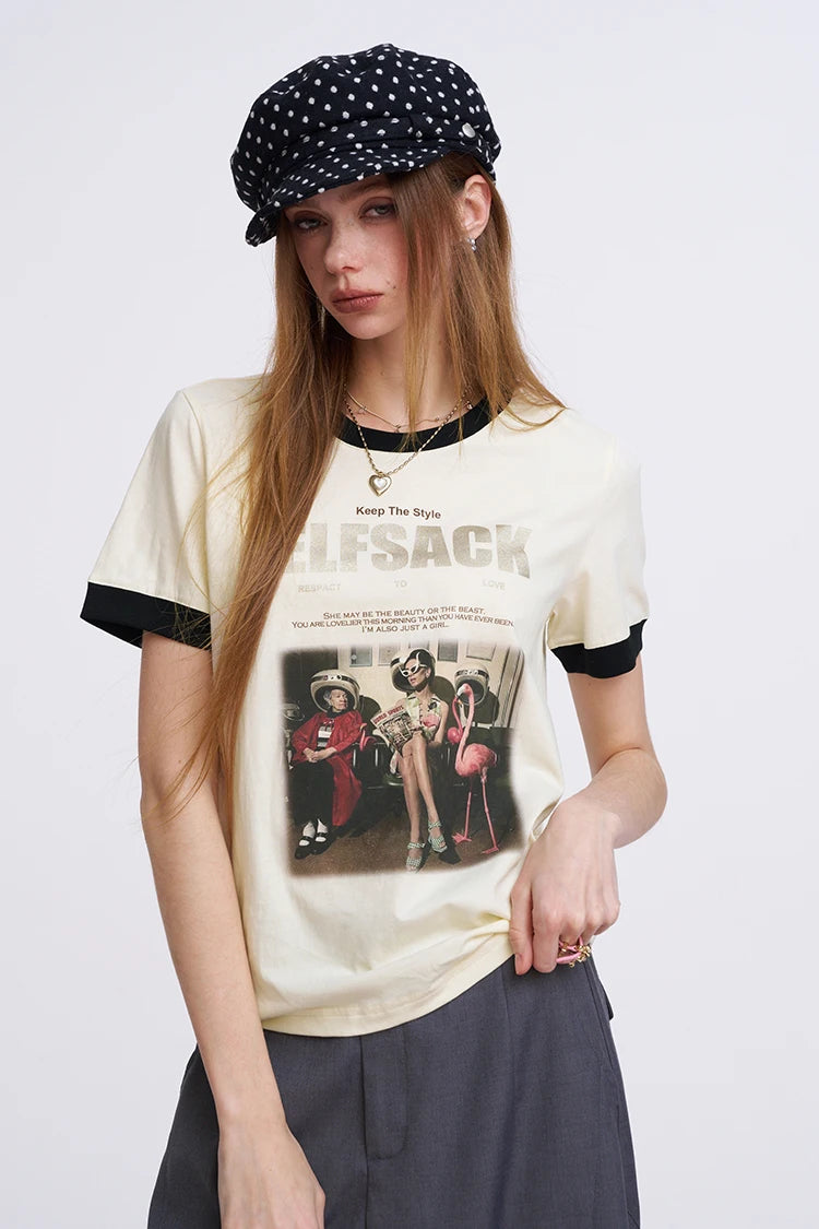 Women's Vintage Ringer T-Shirt with Photo Graphic Print, Retro Contrast Tee for Summer, Chic Aesthetic Short Sleeve Top