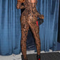 Wild Leopard Print 2 Piece Set Women Long Sleeve Glove+Turtleneck Strapless Skinny Jumpsuit Street Trend Sexy Suit