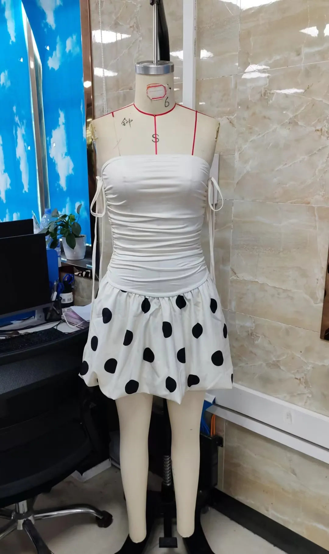 Women Mini Dress Dot Print Side Drawstring Tube Dress Summer Fashion Backless Casual Balloon Dress Strapless Dress