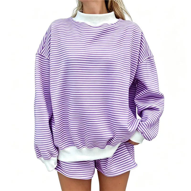 Women Mock Neck Striped Loungewear Two Piece Set Oversized Long Sleeve Sweatshirt And Shorts Casual Pajama Outfit