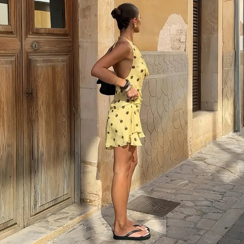 Polka Dot Mesh Yellow Dress Women Sexy Cowl Neck Backless Mini Dresses