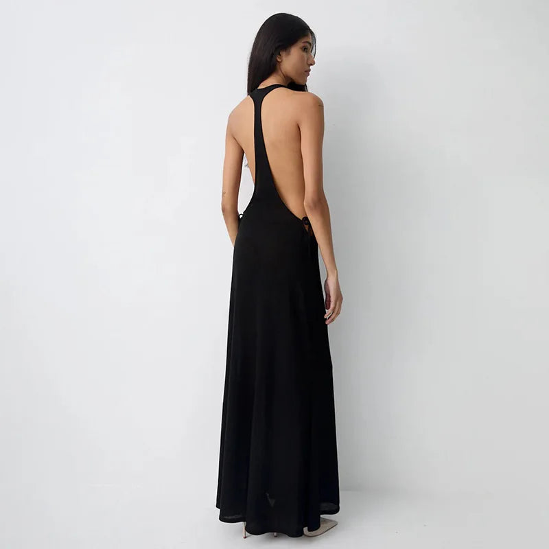 Backless Side Slit Thin Dress Women Halter Waistless Lace-Up Summer Sexy Beach Vacation Hottie Stretch Slim Clubwear