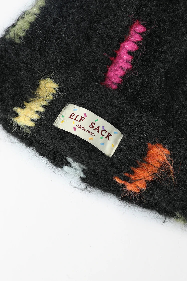 Y2K Cute Color Block Patch Logo Warm Knit Beanie For Women