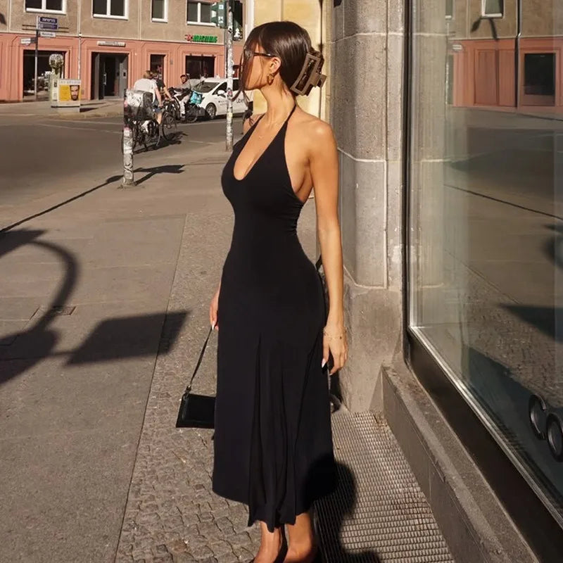 Halter Neck A-line Long Dresses Sexy Elegant Black Dresses for Woman Clothing