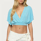 Women Solid Color V Neck Wrap Front Crop Top Batwing Sleeve Ruched Blouse Casual Summer Short Sleeve Fashion Shirts