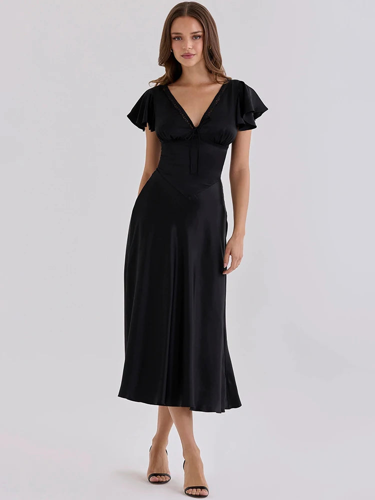 Women Satin Sexy Midi Dress Deep V Neck Lace Trim Ruffle Short Sleeve A Line Dress Wedding Guest Evening Party Dress