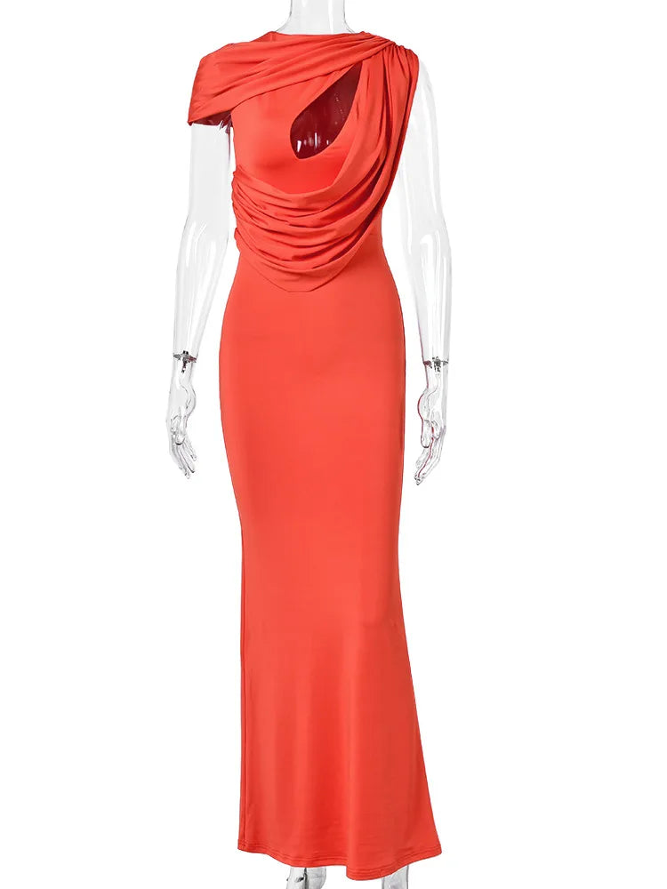 Cut Out One Shoulder Sexy Maxi Dress Women Elegant Draped Bodycon Evening Gown Club Party Long Formal Cocktail Dress