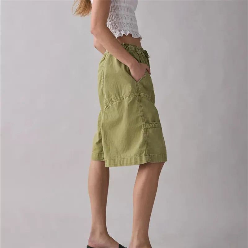 Cargo Bermuda Shorts Women Drawstring Elastic Waist Multi Pocket Loose Wide Leg Jort Y2K Street Casual Capri Bottoms