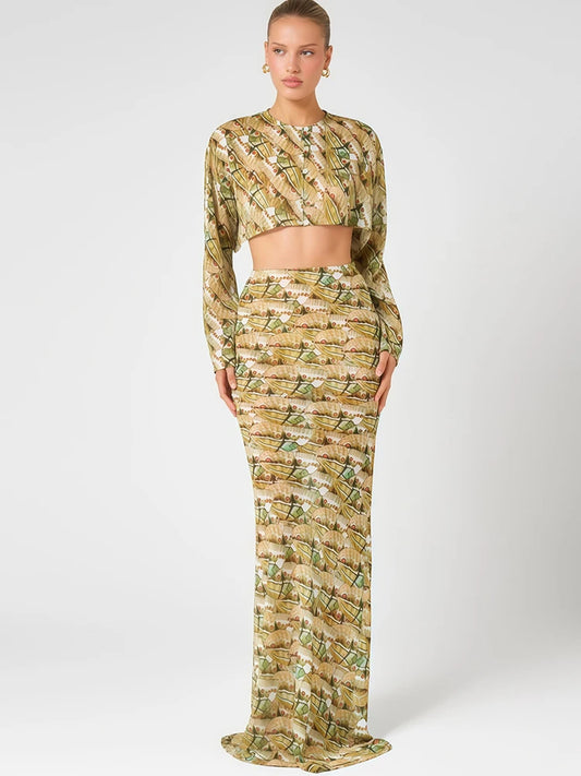 Creativity Print 2 Piece Set Woman Single-Breasted Full Sleeve Crop Tops+Long Skirts Sexy See Through Design Suits