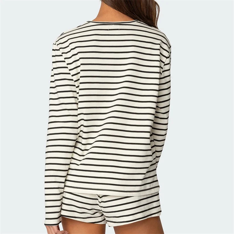 Women Striped Loungewear 2 Piece Casual Sleepwear Set Female Long Sleeve T shirt and Shorts Comfy Casual Homewear