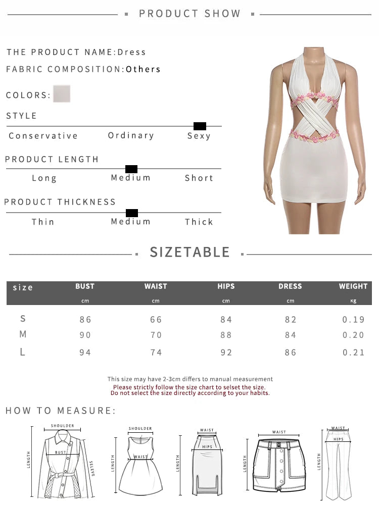 Flower Applique Backless Dress Women Sexy  Hollow Cross Halter Bandages Sleeveless Fashion Vacation Party Bodycon