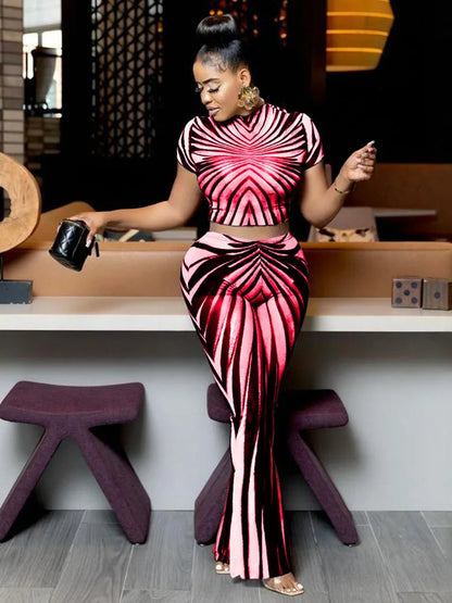 See Through Women 2Piece Set Sexy Stripe Print Summer Trend Shorts Sleeve Crop Tops+Flare Pants Matching Club Outfits
