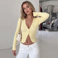 Lace Trim Yellow Ribbed Long Sleeve Tops V Neck Button-up Cardigan Woman Fall Fashion T Shirts