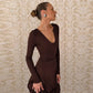 Elegant Brown V Neck Long Sleeve Midi Dress Fall 2026 Women's Casual Dresses