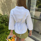Y2K Tie Back Cinched Waist Collared Shirt For Women Flare 3/4 Sleeve Button‑Front Slim Fitted Curved Hem Casual Blouse