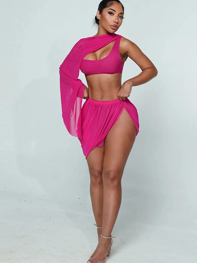 Y2K Sexy 2 Piece Set Women See Through Midnight Irregular Full Sleeve Crop Tops+Ruched Split Skirts Matching Clubwear