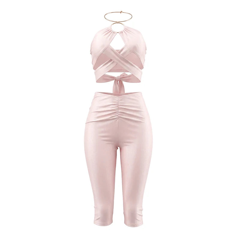 Metal Ring Halter Bandage Backless Tops+Skinny Peach Hip Shorts Sexy Fashion 2 Piece Set Woman Midnight Club Party Suits