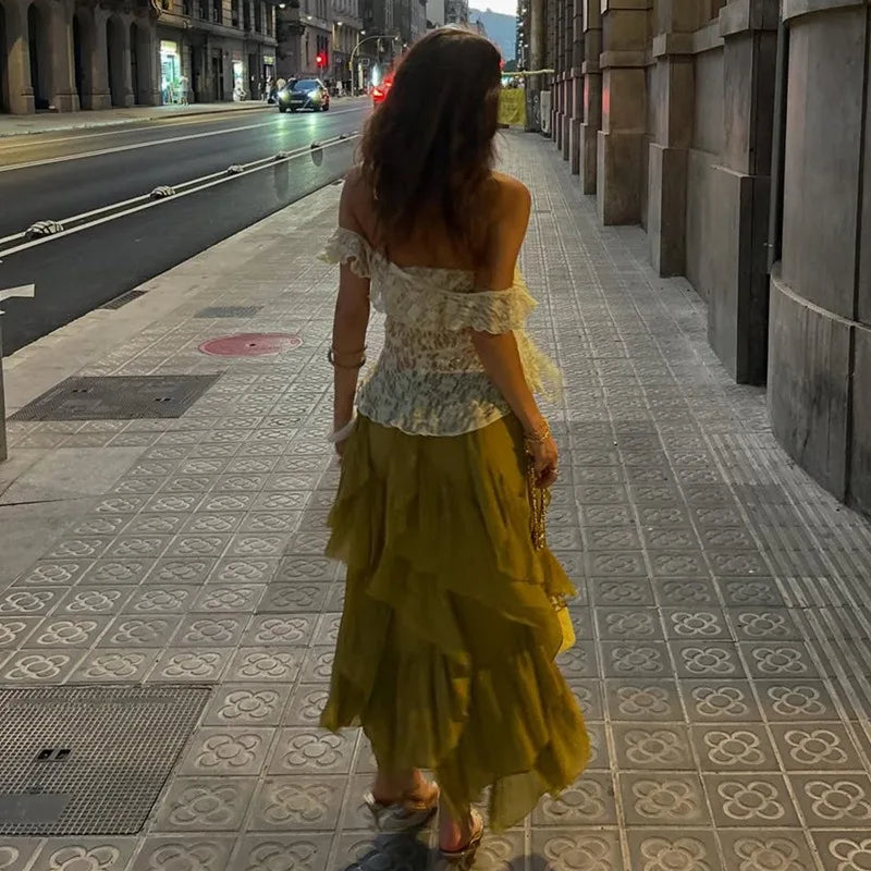 See Through Lace T Shirts Woman Sexy Irregular Ruffled Off The Shoulder Tops