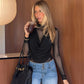 Sexy Crop Top with Draped Cowl Neck and Sheer Mesh Long Sleeves Black Purple Shirts for Woman Fall 2026