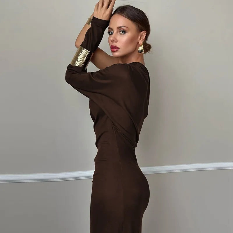One Shoulder Long Sleeve Maxi Dress Brown Black Dresses Woman Elegant Fall Clothes 2025