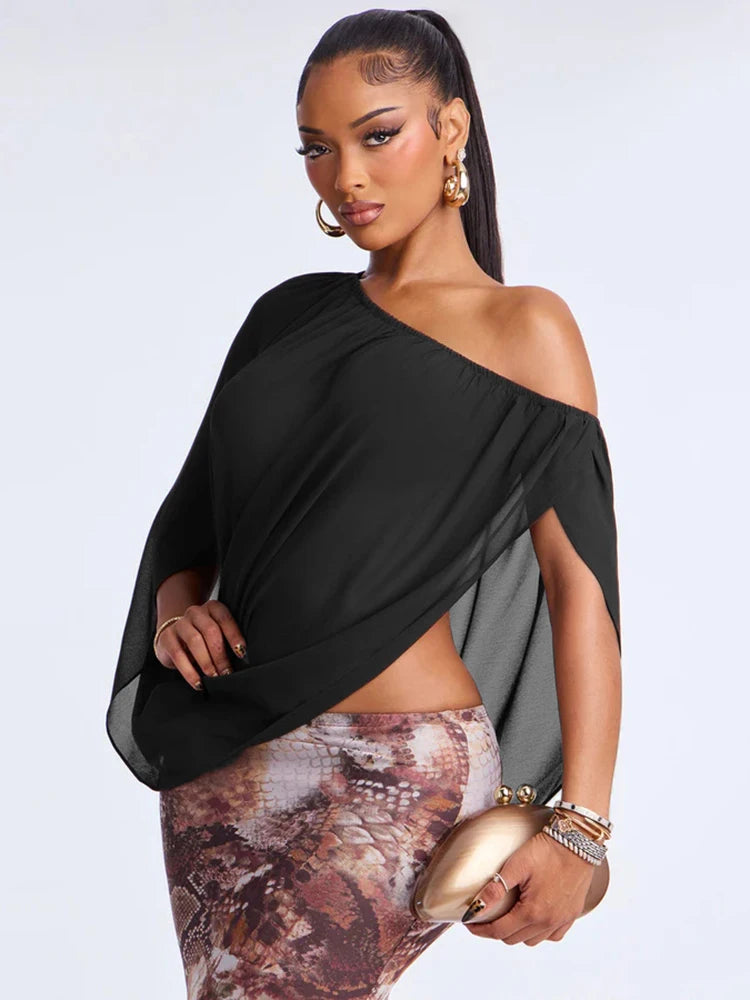 Wild Crop Top Women Sexy Diagonal Collar Mesh Irregular Two-Wear Split Elegant Beach Vacation Stretch Street Clubwear