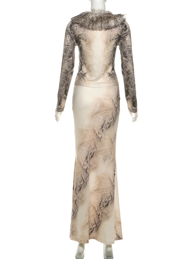 Elegant 2-Piece Set Women Fur Collar Single Breasted Crop Tops+Skirt Matching Streetwear Tight Luxury Skinny Outfits