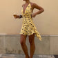 Backless Mesh Dress Women Sexy Polka Dot Print Swing Collar Halter Irregular Hem Fashion Vacation Party Club Bodycon