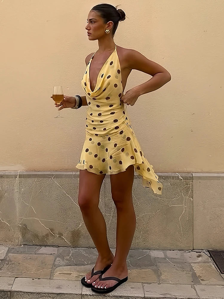 Backless Mesh Dress Women Sexy Polka Dot Print Swing Collar Halter Irregular Hem Fashion Vacation Party Club Bodycon
