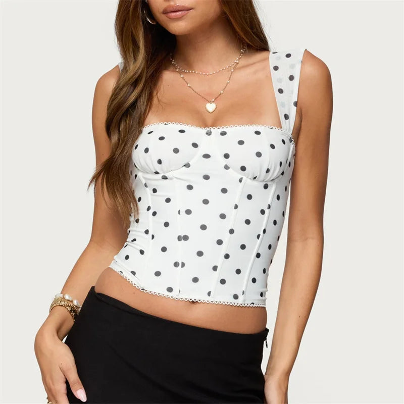 Women's Y2K Polka Dot Corset Top Wide Strap Square Neck Lace Trim Bustier Cami Crop Top Sexy Party Club Vest Shirts
