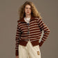 2025 Autumn New Arrivals Casual Classic Soft Navy Collar Silver Zipper Striped Knitted Cardigan For Woman