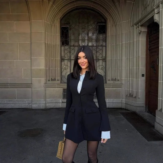 Button Up Long Sleeve Mini Dress Black Elegant Office Ladies Clothes Women's Casual Dresses Spring 2026