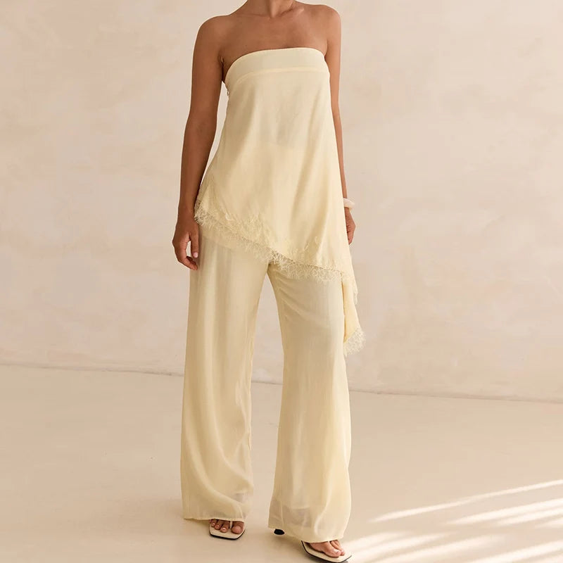 Lace Trim Strapless Bandeau Top+High Waist Wide Leg Pants Two Piece Set Elegant Casual Outfit For Women Y2K Streetwear