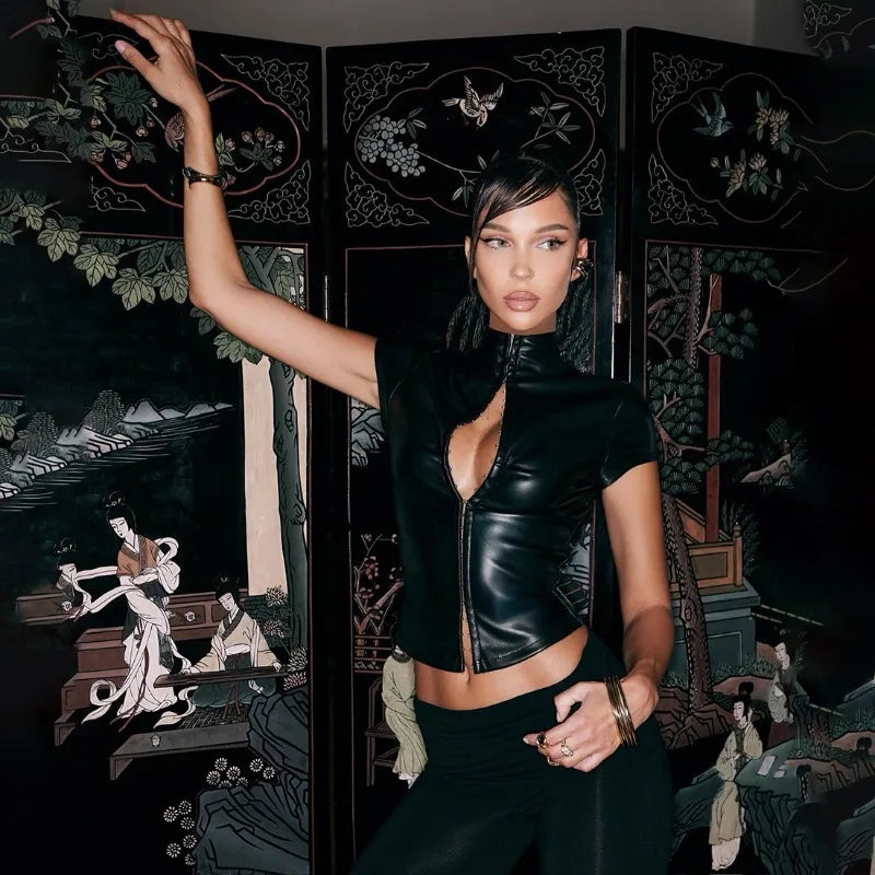 PU Leather Black Crop Tops for Woman Sexy Stand Collar Short Sleeve T Shirts Spring 2026 Fashion