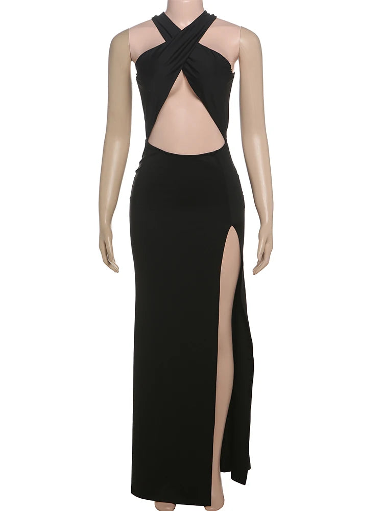 Irregular Hollow Cross Knot Maxi Dress Women Sexy Backless Skinny High Splits Midnight Prom Party Elegant Outfits