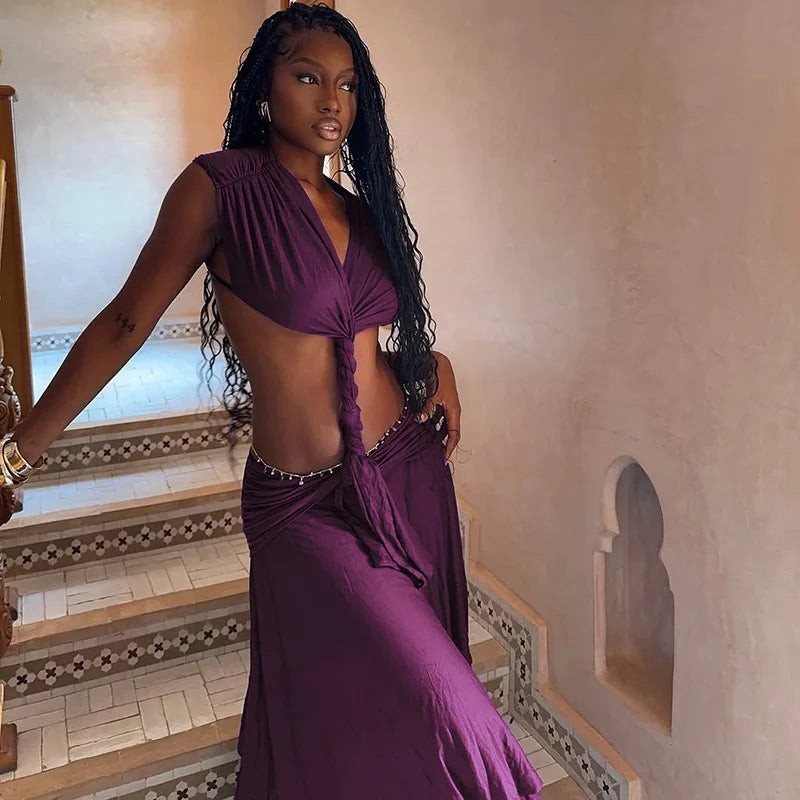 Cut Out Backless Long Dresses with Asymmetrical Handkerchief Hem Sexy Purple Summer Dresses for Woman
