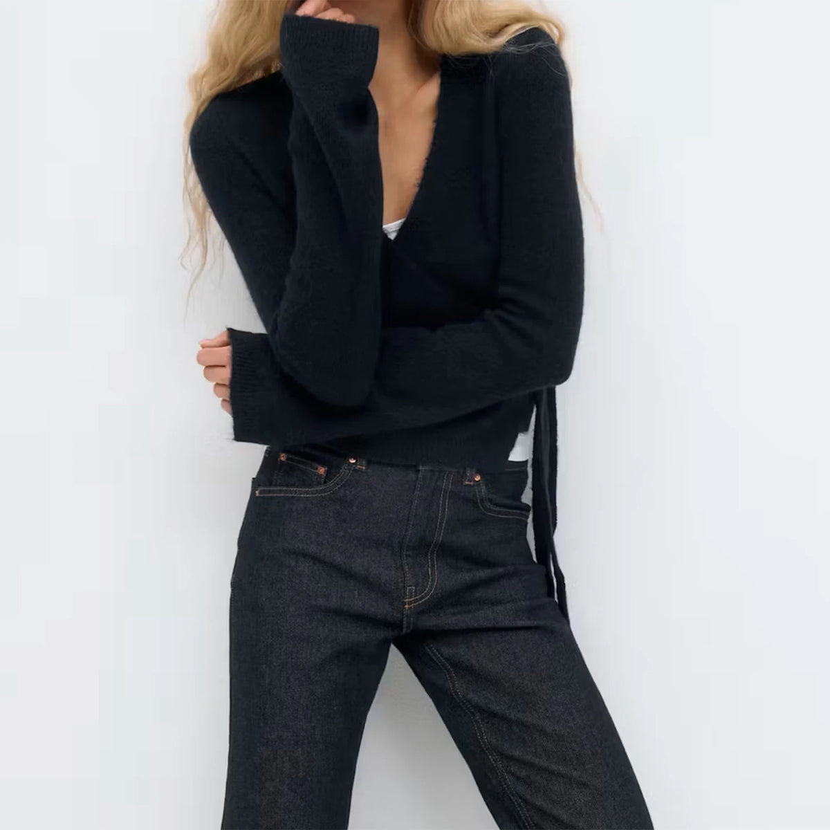 Wrap Sweater Tops for Women Lightweight Side Tie Front Ballet Wrap Cardigan Elegant V Neck Fitted Cropped Sweaters