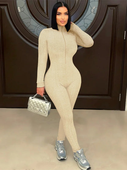 Activity Jumpsuits Women Turtleneck Zip Long Sleeve Stretch Skinny Streetwear Classic Fitness Workout Sporty Overalls