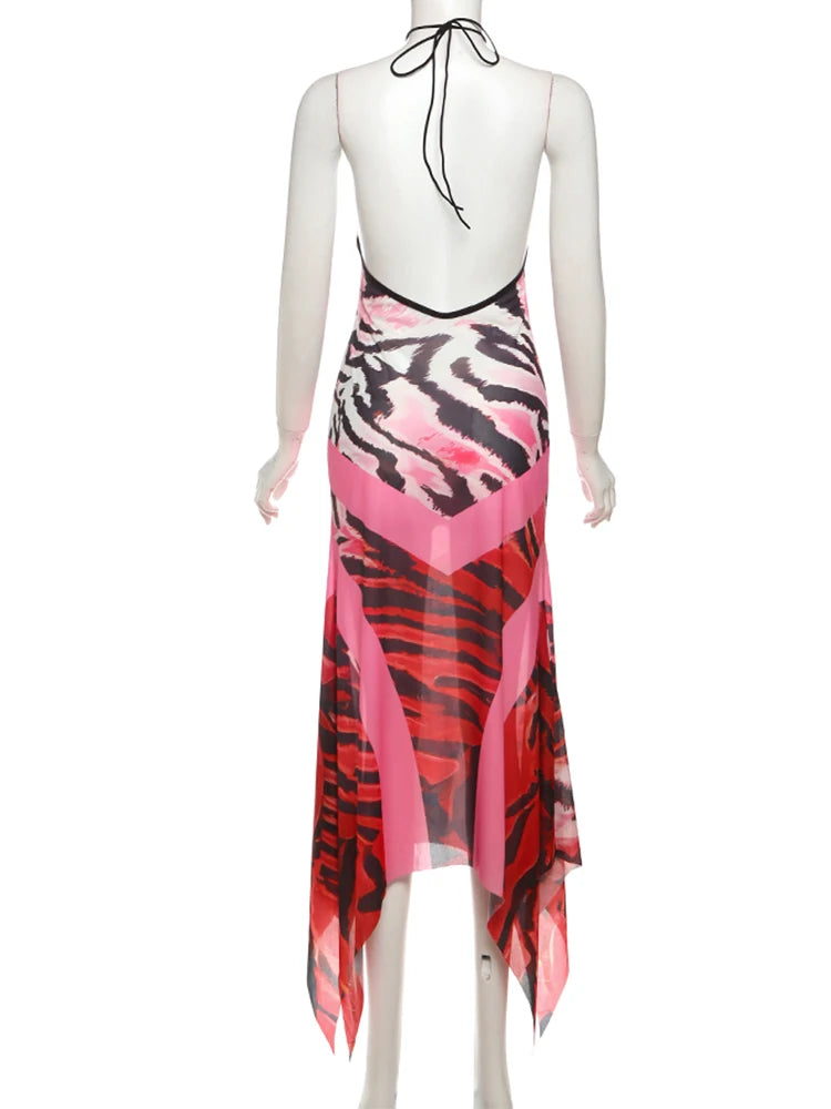 Backless Halter Dress Woman Summer Sexy Leopard-Print Chiffon Patchwork Trend Two-Way Wear Irregular-Hem Chic Bodycon