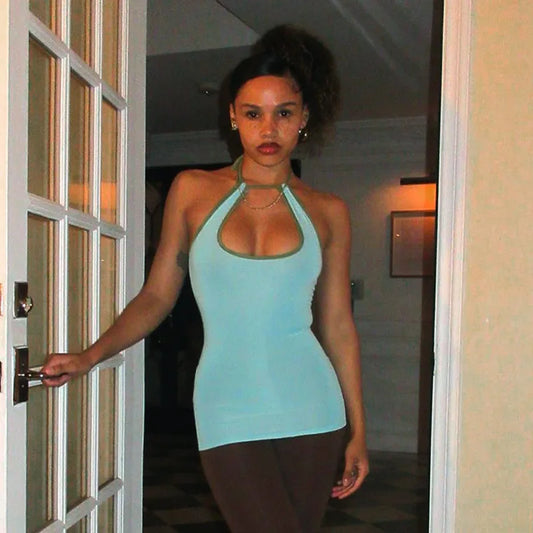 Y2k Tank Top Woman Hollow Out Backless Halter Neck Tie Up Tops Womens Clothing Cute Sexy Summer Camisole