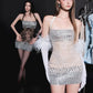 Fake Diamond Sticker Decoration Dress Women Flower Halter Bandage Patchwork Chest Wrap Skinny Midnight Chic Bodycon