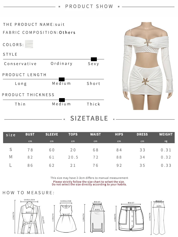 Metal Starfish Decoration 2 Piece Set Women Slash Neck Backless Crop Tops+Ruched Mini Skirt Street Elegant Style Suit