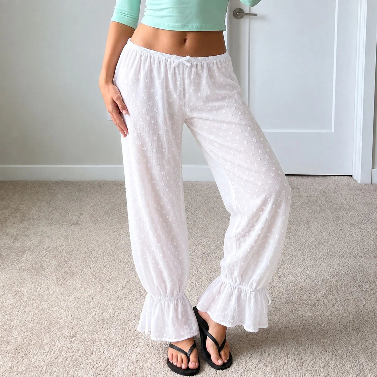 Women Swiss Dot Harem Pants Elastic Waist Ruffle Cuff Drawstring Hem Loose Bohemian Casual Holiday Beach Trousers
