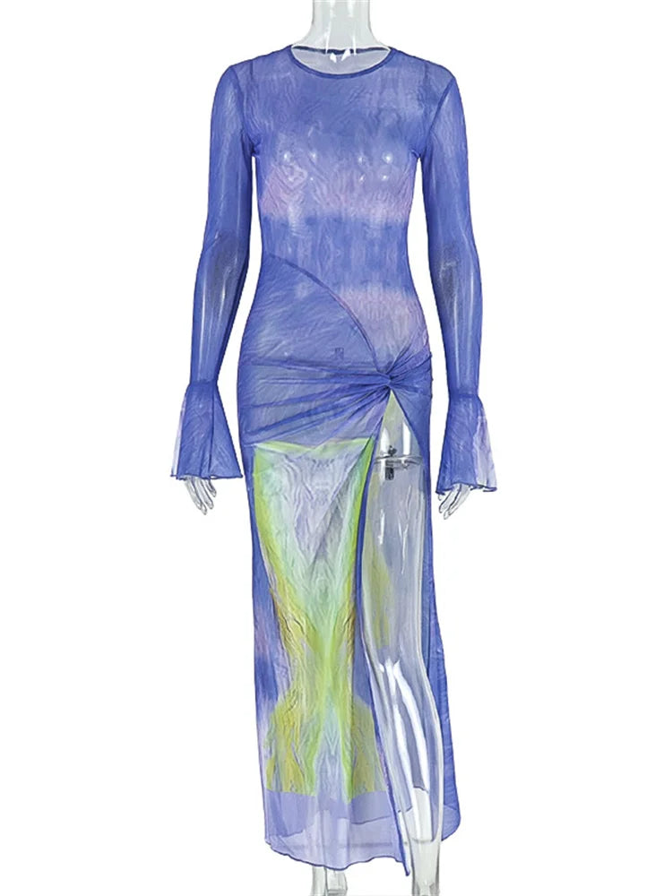 Contrast Patchwork Mesh Dress Women o-Neck Flared Sleeve Ruched Kink High Splits Hem Midnight Sexy Fashion Long Dress