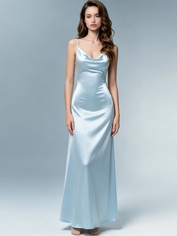 Backless Bead Patchwork Satin Dress Women Elegant Swing Collar Sleeveless Trend Fashion Classic Party Club Bodycon