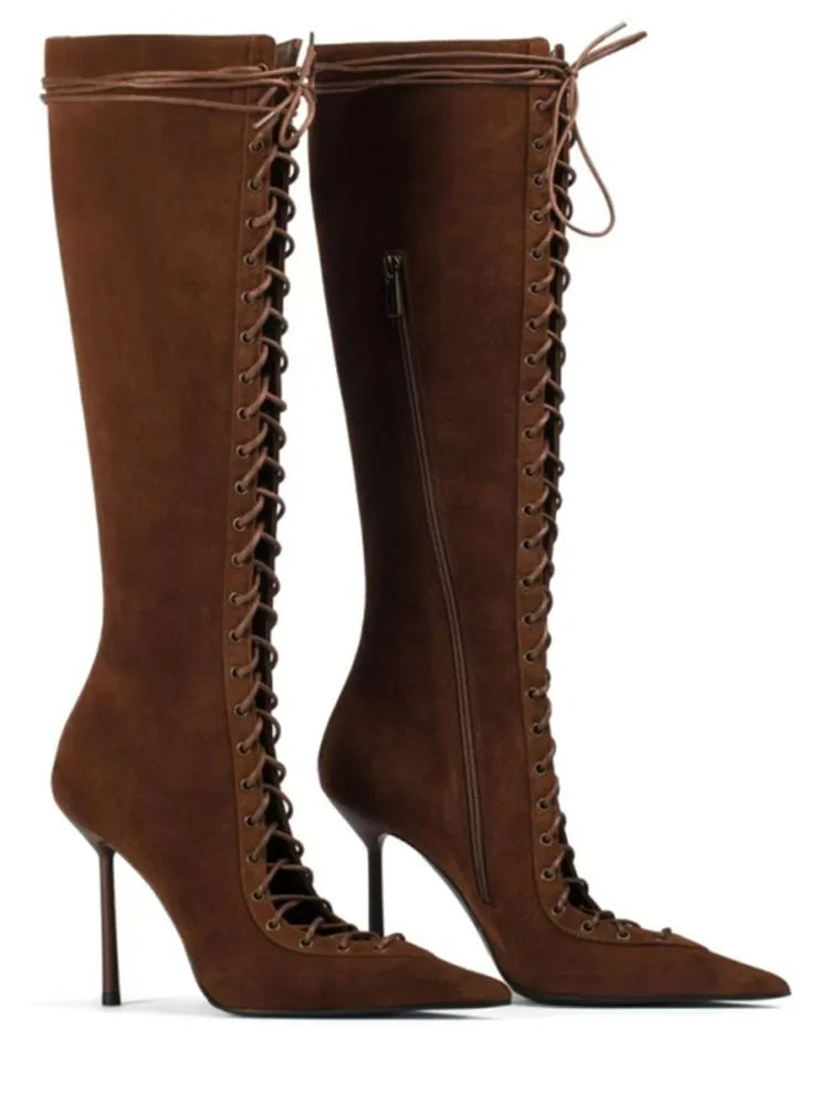 2026Spring/Summer New Lace Up Short Cool Boots Side Zipper Banquet Slimming High Heels Sexy Knee Length Women's Boots