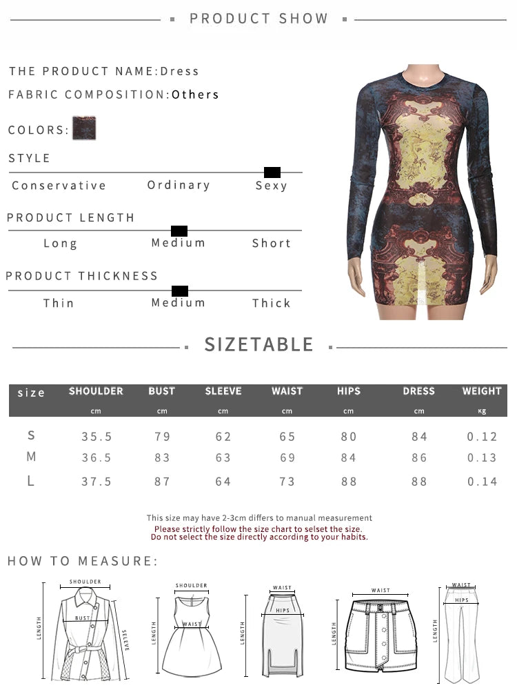 Peach Hip Sexy See Through Mini Dress Woman Colorful Print o-Neck Full Sleeve Skinny Midnight Fashion Club Party Bodycon