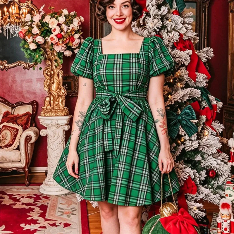 Ladies Retro Plaid Christmas Dress Square Neck Puff Short Sleeve Bow Waist A Line Swing Holiday Party Mini Dress