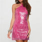 Y2K Sparkly Sequin Halter Mini Dress Women Back Tie Backless Sleeveless Tight Bodycon Dress Glitter Club Party Dress